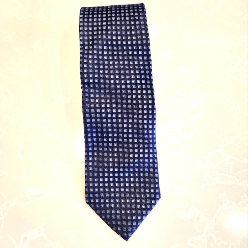 BOSS Navy Blue Silver Square Pattern 100% Silk Skinny Tie 2.25" Made in Italy